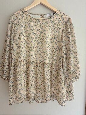 Flowy Floral Peplum Blouse with Delicate Cream & Blue Accents